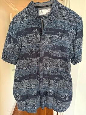 Men's Navy Palm-Print Short-Sleeve Button Down Shirt